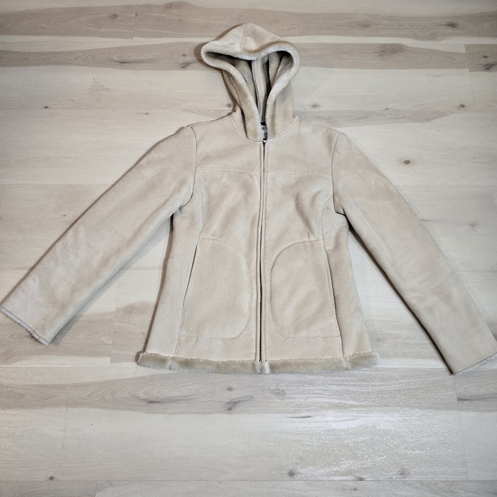 Jones New York Jacket Women Light Tan Faux Suede Hooded Sherpa Lined Coat XS P